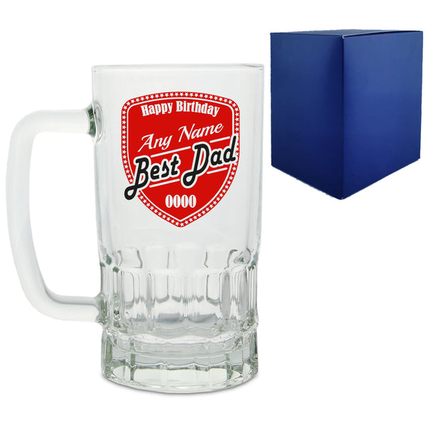 Personalised Glass Tankard, with Best Dad shield design