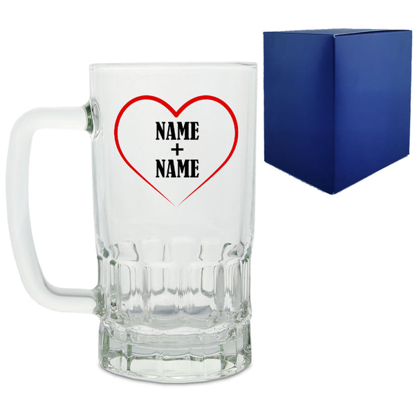 Personalised Glass Tankard, with Heart and any names