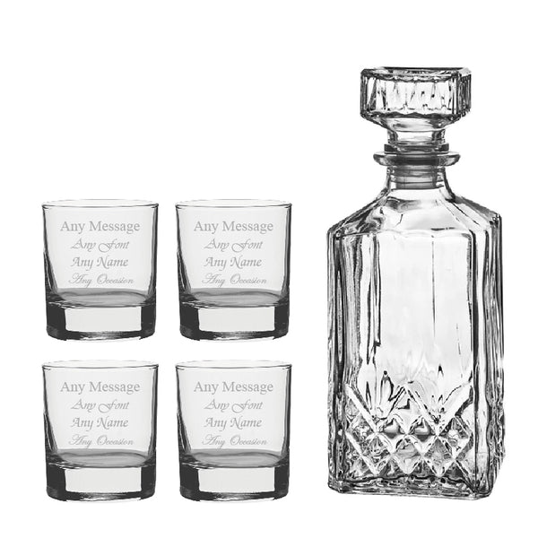 Set of 4 Engraved 11.5oz Side Whisky glasses and Prysm Decanter