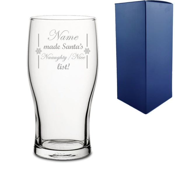 Engraved Novelty Christmas Pint Glass "Name Made Santa's Naughty/Nice List!" With Gift Box - part of the Personalised Beer Pint Glasses And Tankards collection