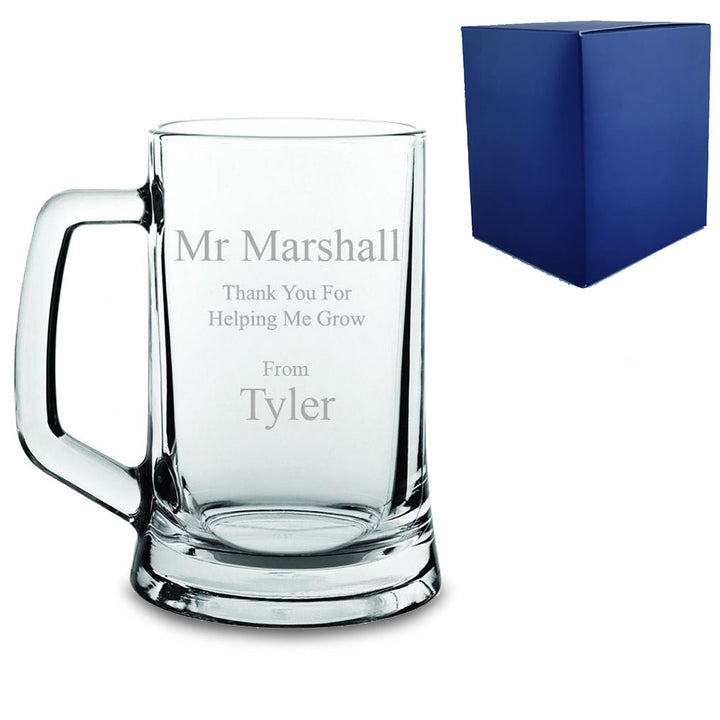 Engraved Beer Mug with Thank you for helping me grow Design