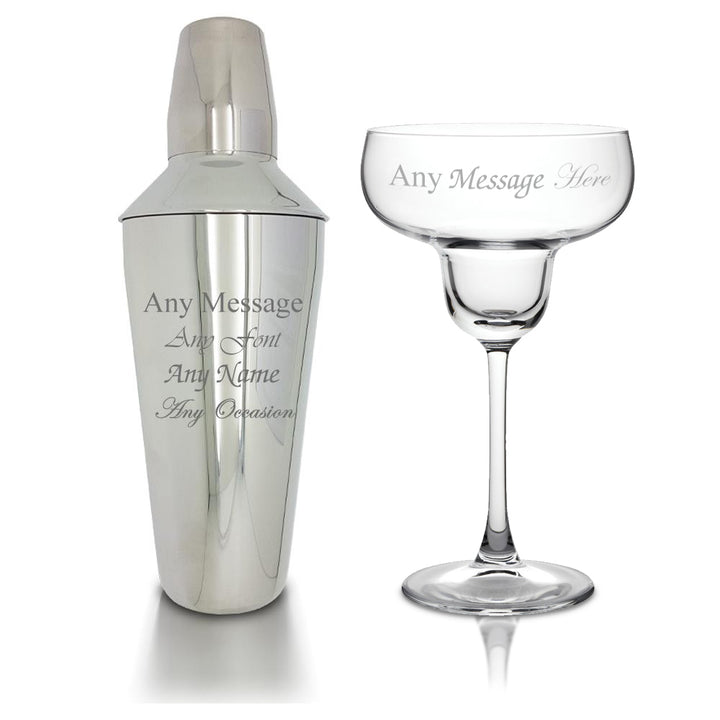 Engraved Cocktail Shaker with Strainer and Margarita Glass - part of the Gifts Finder  collection