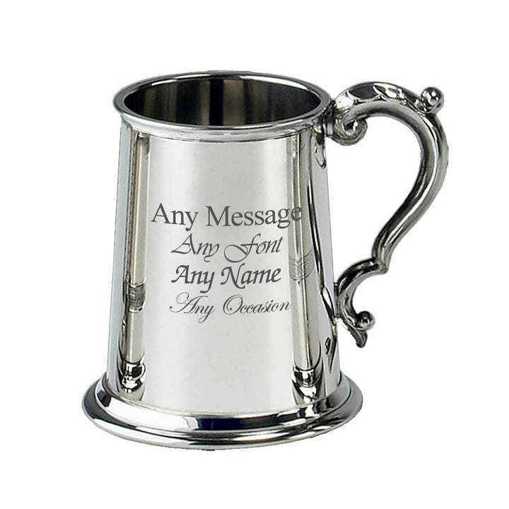 Engraved Pint Plain Pewter Tankard With Intricate Handle - part of the  collection