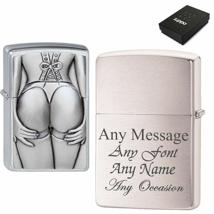 Engraved Brushed Chrome Stocking Girl Zippo, Official Zippo lighter