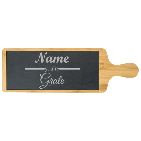 Engraved Bamboo and Slate Cheeseboard with Name you're Grate Design Image 1