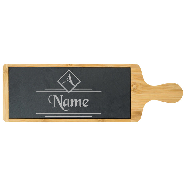 Engraved Bamboo and Slate Cheeseboard with Name and Initial Design Image 2