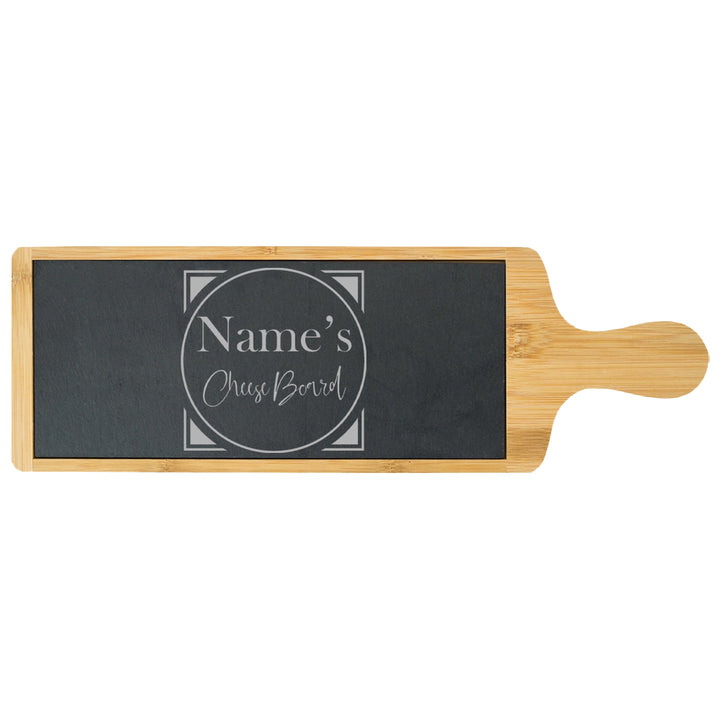 Engraved Bamboo and Slate Cheeseboard with Name's Cheeseboard with Circle Design Image 2