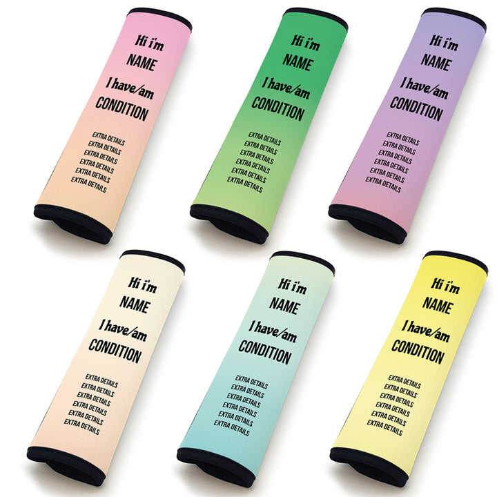 Personalised Seat Belt cover for medical conditions - Horizontal text, pastel colours - part of the Gifts Finder  collection