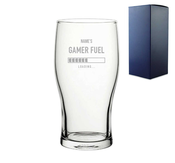 Engraved Pint Glass Name's Gamer Fuel Design, Gift Boxed, Personalise With Any Name For Any Gamer - part of the Personalised Beer Pint Glasses And Tankards collection