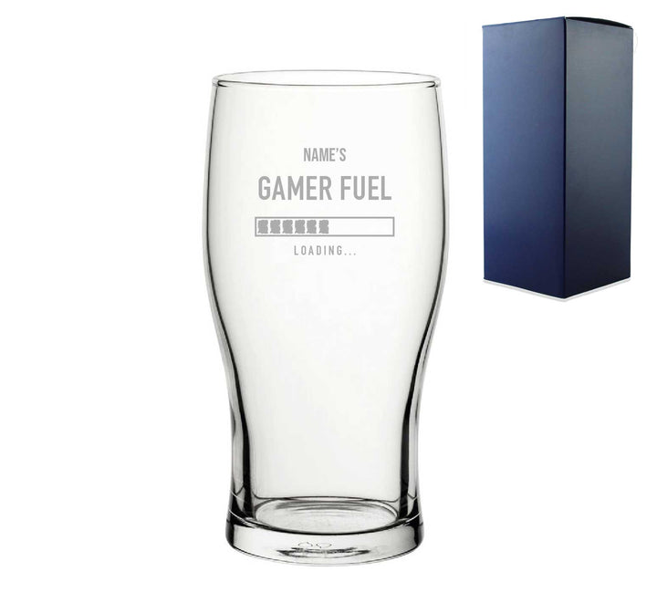 Engraved Pint Glass Name's Gamer Fuel Design, Gift Boxed, Personalise with any name for any gamer - part of the Gifts Finder Personalised Beer Pint Glasses And Tankards collection