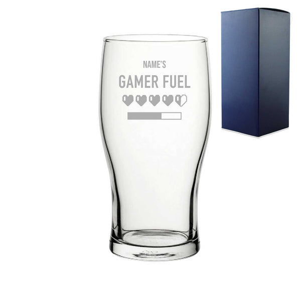 Engraved Pint Glass With Name's Gamer Fuel Hearts Design, Gift Boxed, Personalise With Any Name For Any Gamer - part of the Personalised Beer Pint Glasses And Tankards collection