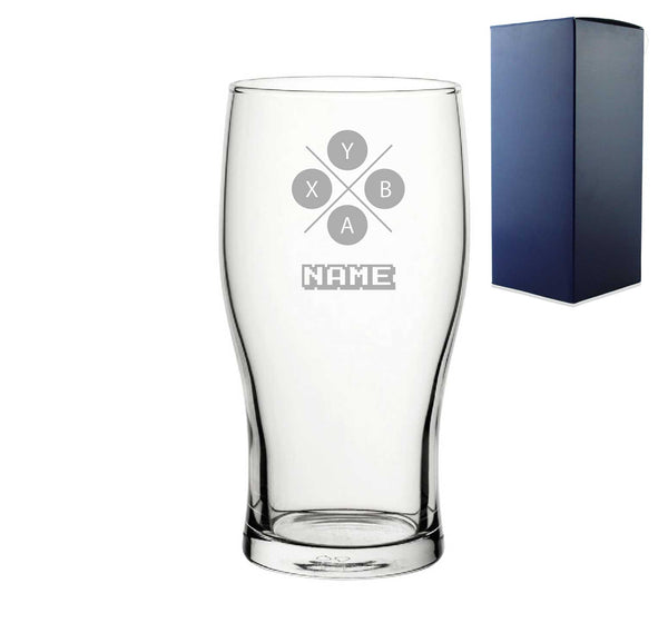 Engraved Pint Glass With X Controller Button Design, Gift Boxed, Personalise With Any Name For Any Gamer - part of the Personalised Beer Pint Glasses And Tankards collection