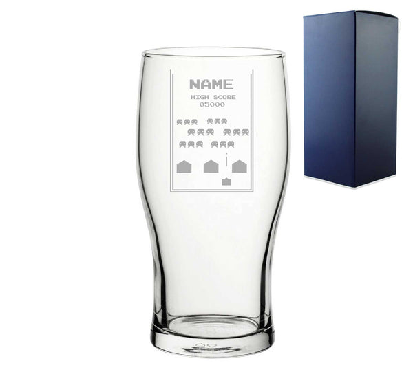 Engraved Pint Glass With Name Retro Space Arcade Game, Gift Boxed, Personalise With Any Name For Any Gamer - part of the Personalised Beer Pint Glasses And Tankards collection