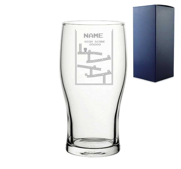 Engraved Pint Glass With Name Retro Arcade Game, Gift Boxed, Personalise With Any Name For Any Gamer - part of the Personalised Beer Pint Glasses And Tankards collection