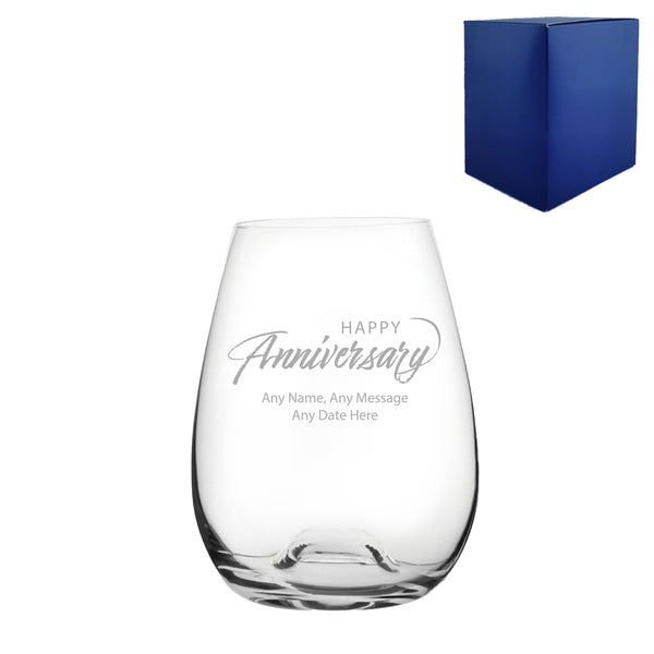 Engraved Happy Anniversary Stemless Wine Glass, Any Message, 15oz Bordeaux, Script Design - part of the Gifts Finder  collection