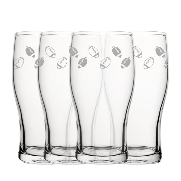 Engraved American Football Pattern Pint Glass Set of 4, 20oz Tulip Glasses - part of the Personalised Beer Pint Glasses And Tankards collection