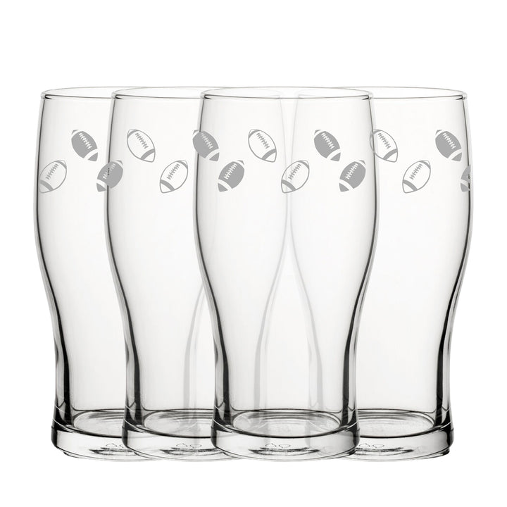 Engraved American Football Pattern Pint Glass Set of 4, 20oz Tulip Glasses - part of the Gifts Finder Personalised Beer Pint Glasses And Tankards collection