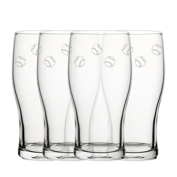 Engraved Baseball Pattern Pint Glass Set of 4, 20oz Tulip Glasses - part of the Personalised Beer Pint Glasses And Tankards collection