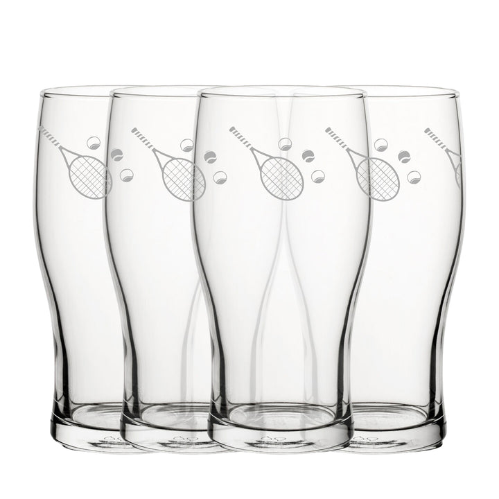 Engraved Tennis Pattern Pint Glass Set of 4, 20oz Tulip Glasses - part of the Personalised Beer Pint Glasses And Tankards collection