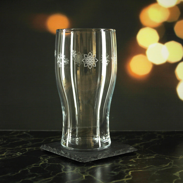 Engraved Snowflake Pattern Tulip Pint Glass Set of 4 20oz Glasses - part of the Personalised Beer Pint Glasses And Tankards collection