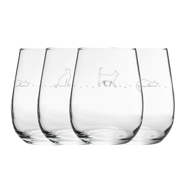 Engraved Cat Pattern Set of 4 Gaia Stemless Wine 12oz Glasses - part of the  collection