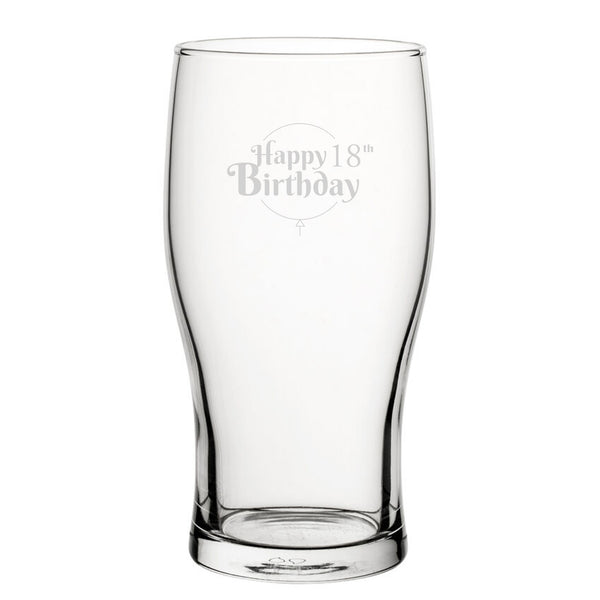 Happy 18th Birthday Balloon Design - Engraved Novelty Tulip Pint Glass - part of the Personalised Beer Pint Glasses And Tankards collection