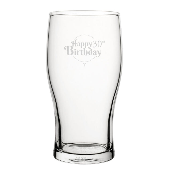 Happy 30th Birthday Balloon Design - Engraved Novelty Tulip Pint Glass - part of the Personalised Beer Pint Glasses And Tankards collection