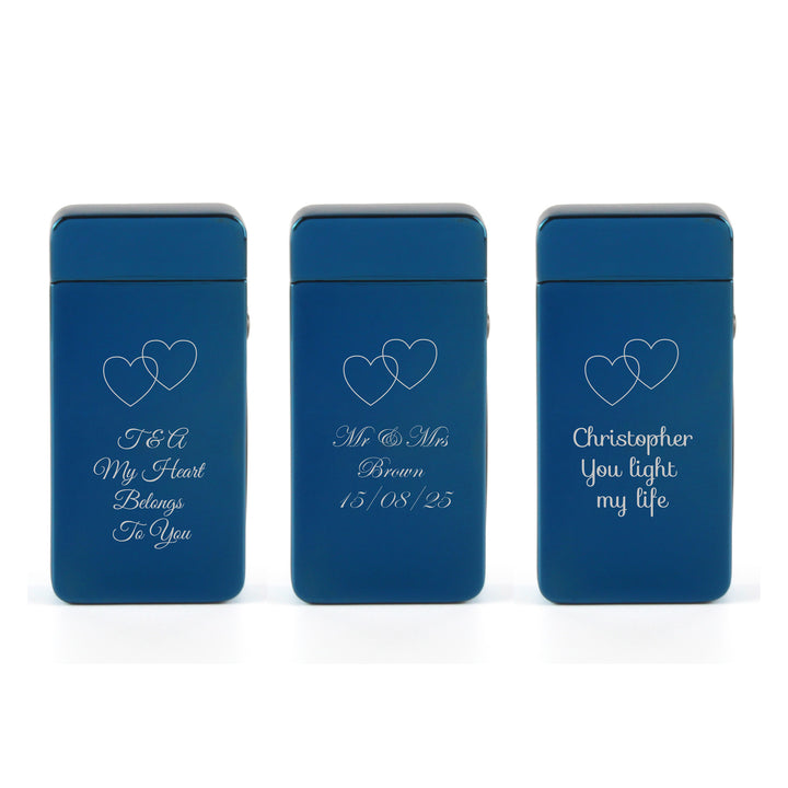 Engraved Electric Arc Lighter, Blue, Overlapping Hearts Image 4