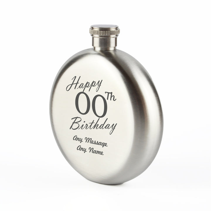 Engraved 5oz Round Steel Hip Flask Happy Custom Number Birthday Image 3