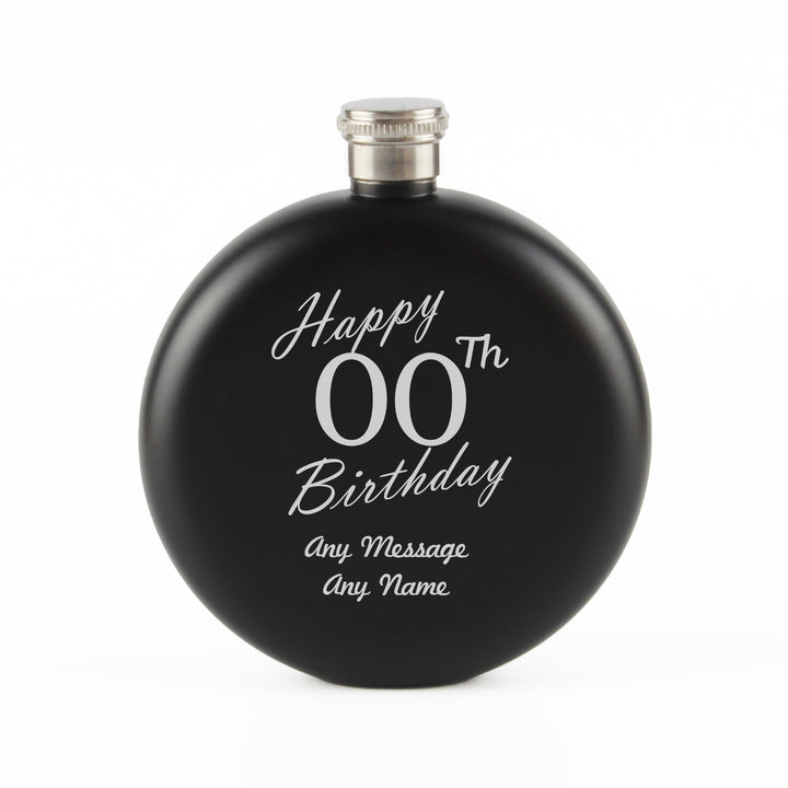 Engraved 5oz Round Black Hip Flask Happy Custom Number Birthday Image 4