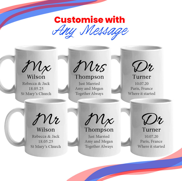 Gender Neutral Wedding Mug Set, Mx and Mx Elegant Font Design Image 4