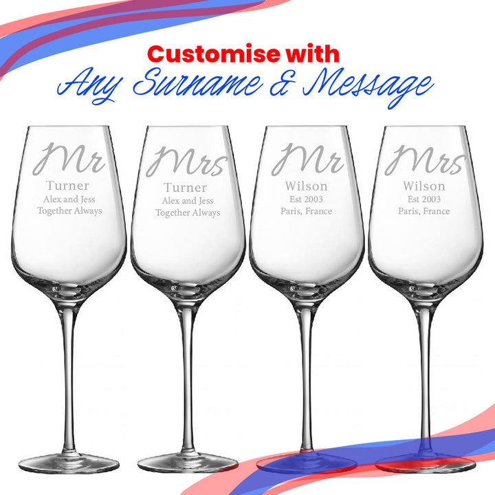 Engraved Mr and Mrs Sublym Wine Glasses, 15.8oz/450ml, Elegant Font Image 5