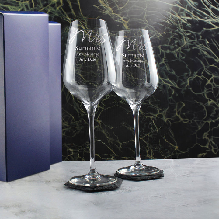 Engraved Mrs and Mrs Sublym Wine Glasses, 15.8oz/450ml, Elegant Font - part of the  collection