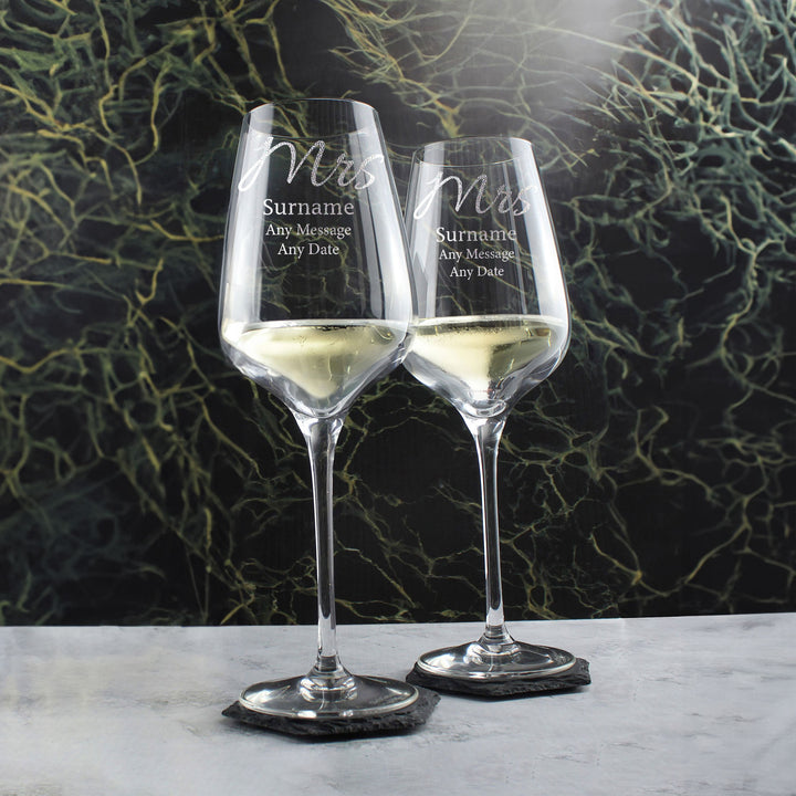 Engraved Mrs and Mrs Sublym Wine Glasses, 15.8oz/450ml, Elegant Font - part of the  collection