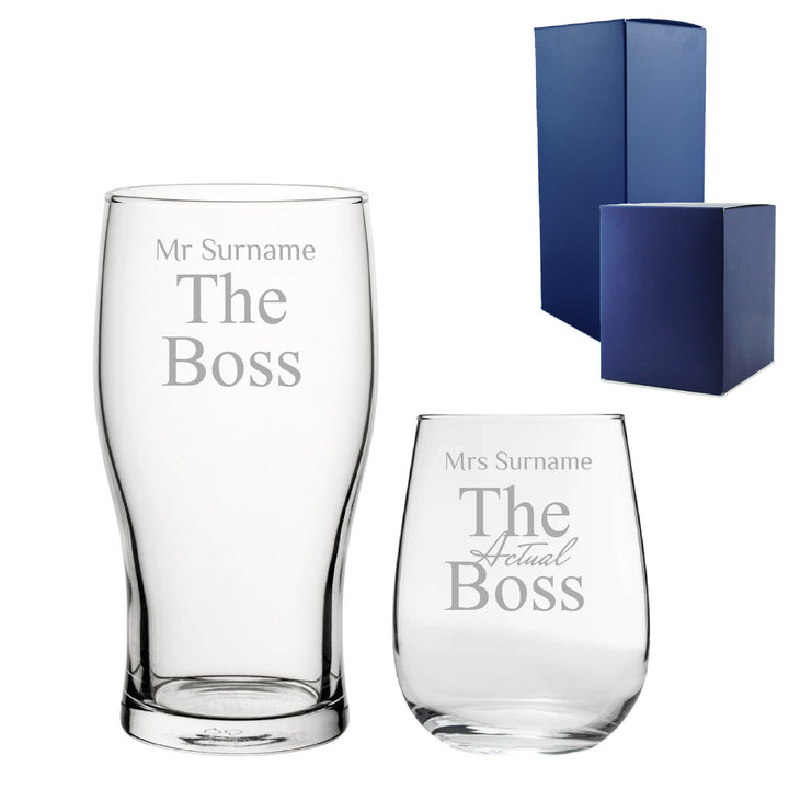 Engraved His and Hers Beer and Stemless Wine Set, The Actual Boss Image 1