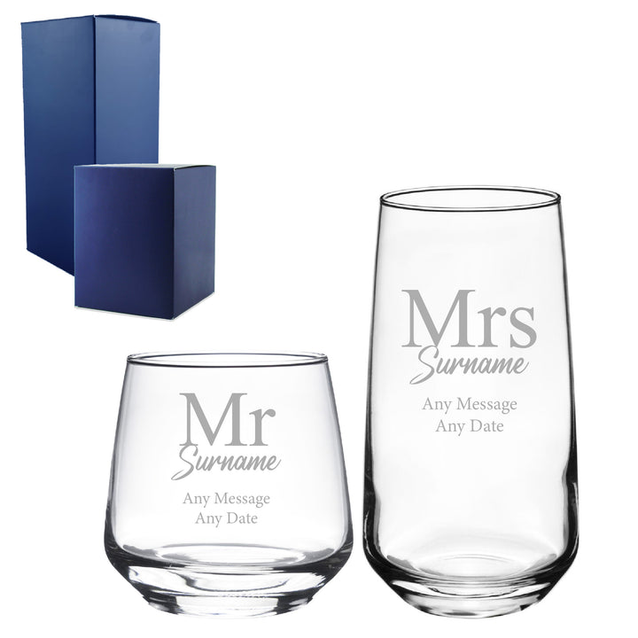 Engraved Mr and Mrs Whisky and Cocktail Set, Classic Font Image 2