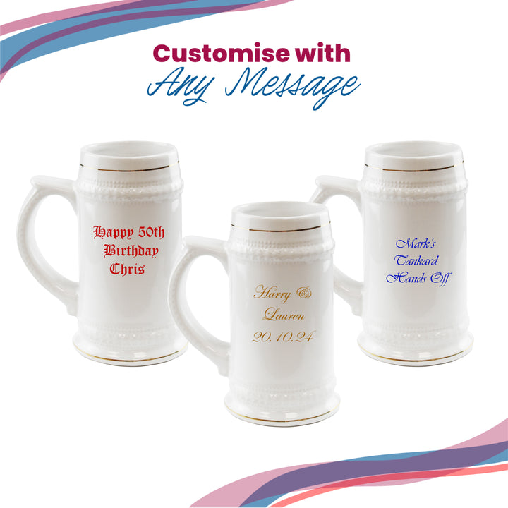 Printed White Ceramic Beer Mug, Any Message, Gold Rimmed, 22oz/560ml Image 5