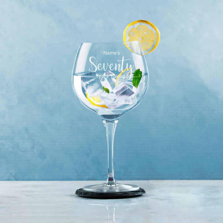 Engraved 70th Birthday Primeur Gin Glass Years Young Delicate Font - part of the  collection