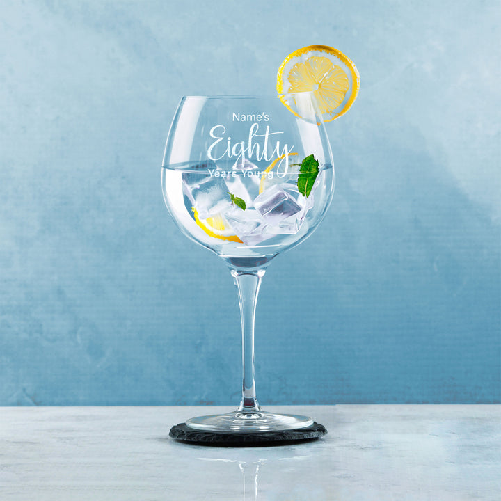 Engraved 80th Birthday Primeur Gin Glass Years Young Delicate Font - part of the  collection