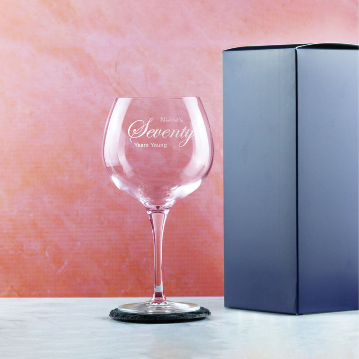 Engraved 70th Birthday Primeur Gin Glass Years Young Curly Font - part of the  collection