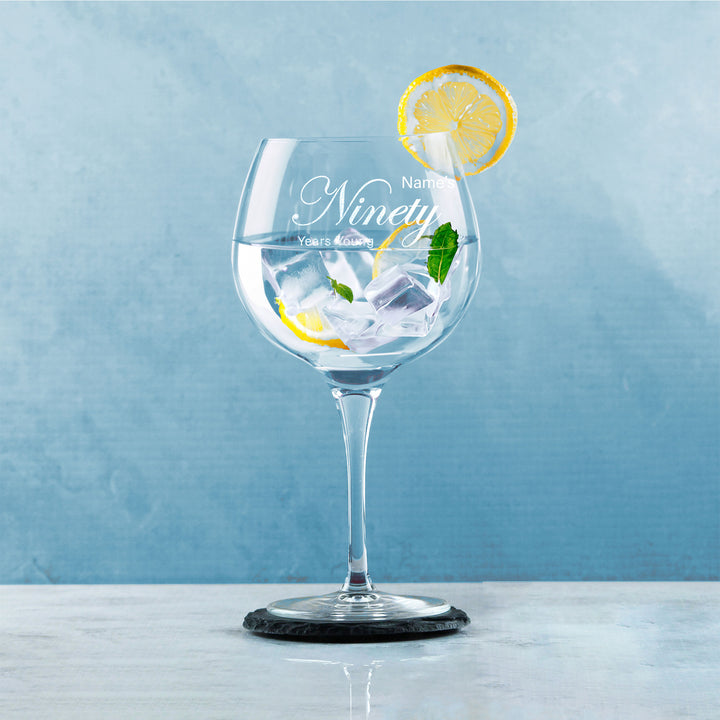 Engraved 90th Birthday Primeur Gin Glass Years Young Curly Font - part of the  collection