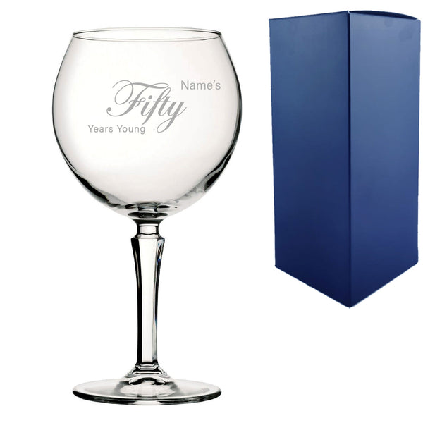 Engraved 50th Birthday Hudson Gin Glass, Years Young Curly Font Image 1