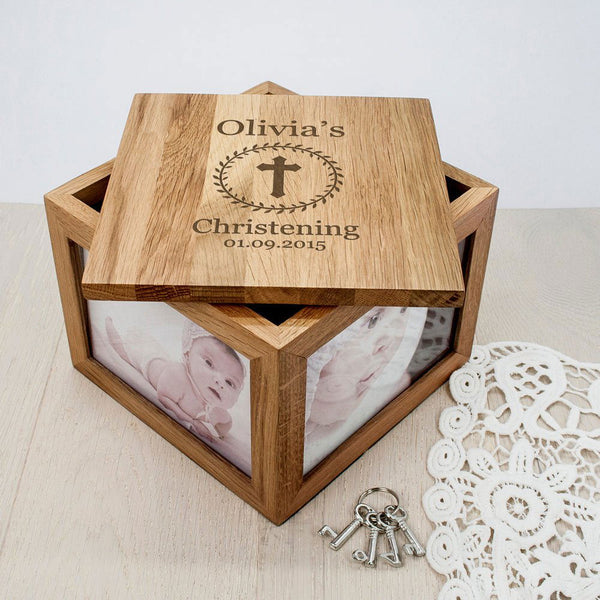 Christening Cross Oak Photo Keepsake Box with Leaf Frame (Personalised Ornaments & Keepsakes) available to buy now at www.giftsfinder.co.uk