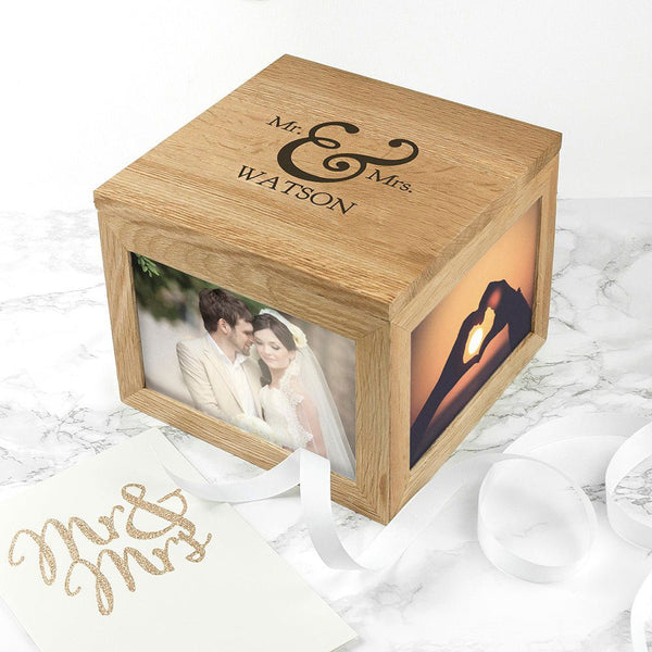 Classic Mr & Mrs Oak Photo Keepsake Box (Personalised Ornaments & Keepsakes) available to buy now at www.giftsfinder.co.uk