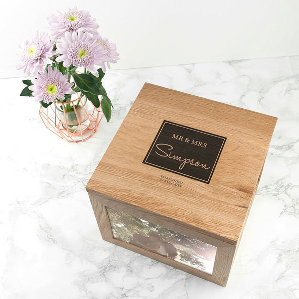 Contemporary Mr & Mrs Oak Photo Keepsake Box (Personalised Ornaments & Keepsakes) available to buy now at www.giftsfinder.co.uk