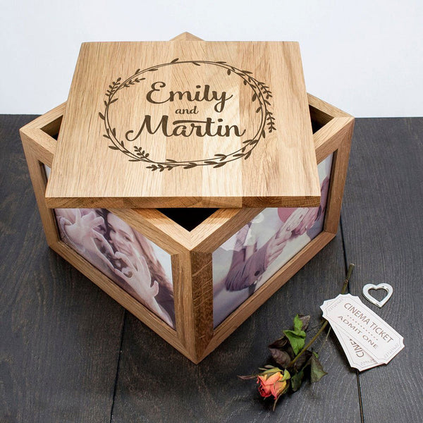 Couple's Oak Photo Keepsake Box With Wreath Design (Personalised Ornaments & Keepsakes) available to buy now at www.giftsfinder.co.uk