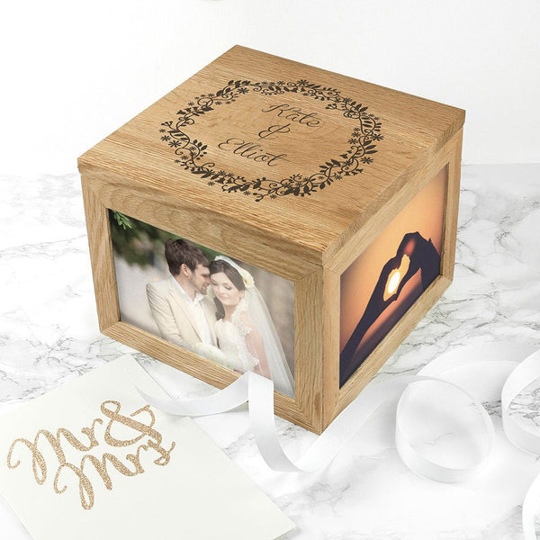 Couples' Oak Photo Keepsake Box with Floral Frame (Personalised Ornaments & Keepsakes) available to buy now at www.giftsfinder.co.uk