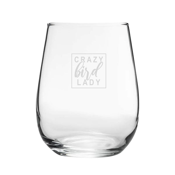 Crazy Bird Lady - Engraved Novelty Stemless Wine Gin Tumbler - available to buy online at www.giftsfinder.co.uk