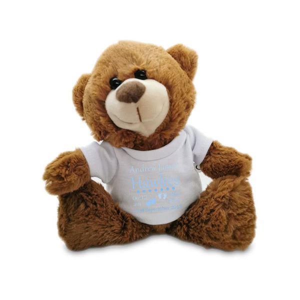 Dark Brown Teddy Bear Toy with T-shirt with Newborn Baby Design in Blue () available to buy now at www.giftsfinder.co.uk