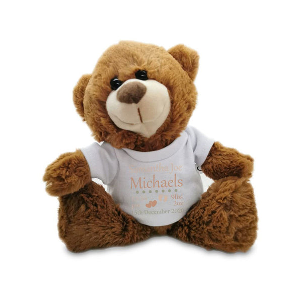 Dark Brown Teddy Bear Toy with T-shirt with Newborn Baby Design in Neutral () available to buy now at www.giftsfinder.co.uk